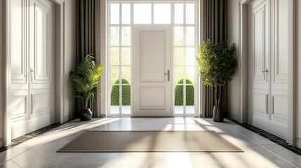 Poster - Elegant interior hallway with white doors marble floor plants and sunlight adding luxury atmosphere and style