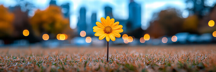 Poster - A lone autumn daisy radiating warm orange and yellow tones, blooming at the edge of a city park,