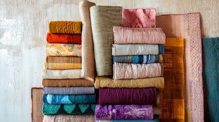 Aufkleber - Artistic Fabric Rolls Stacked Against Textured Wall with Warm Hues and Tactile Textiles in Daylight