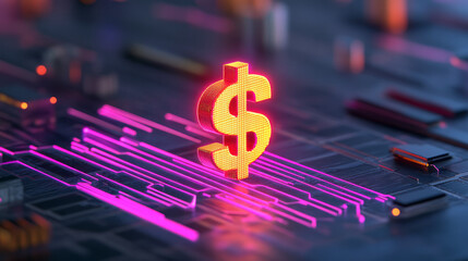 Poster - A futuristic golden dollar sign levitating above a neon-lit city, softly glowing as thin streams of