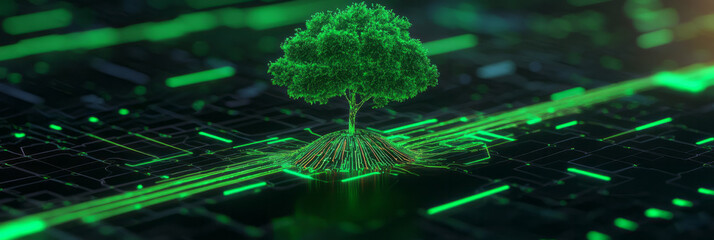 Aufkleber - A green tree emerging from the peak of a rising stock chart, slowly zooming out to reveal a