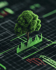 Leinwandbilder - Slowly zooming out from a green tree rising through a financial chart line, revealing a stylized