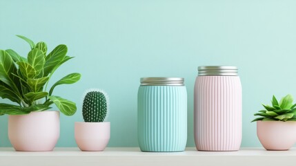 Poster - Minimalist arrangement of a potted succulent, small cactus, large leafy plant, and pastel jars on white shelf against pale aqua wall in serene decor style