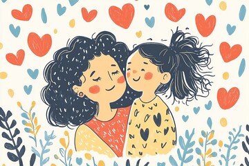 Aufkleber - A lovely Mother's Day card vector featuring illustrations of a mother and child with heart elements and a warm, loving atmosphere