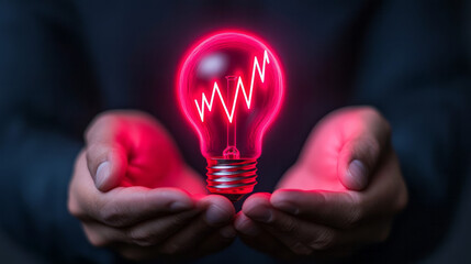 Poster - A glowing light bulb cradled in both hands, featuring a red upward-trending stock line inside,