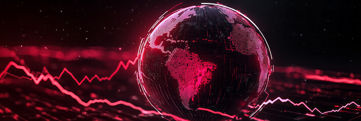 Aufkleber - A glowing digital globe rotating slowly in space, wrapped in red stock chart lines that curve