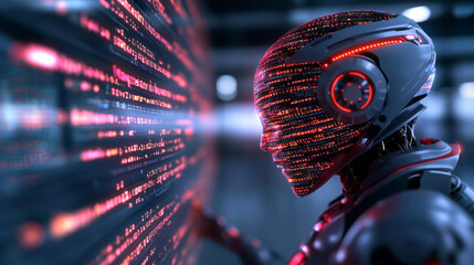 Aufkleber - A sleek humanoid robot scanning streams of glowing information projected on a digital surface, as