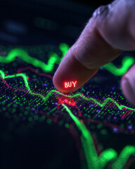 Poster - A high-tech fingertip presses a vivid financial interface, with BUY glowing subtly and smooth