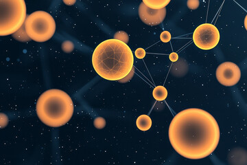 Poster - Gently rotating orange network structure in space, with each sphere connected by threads of light