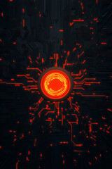 Poster - A central orange lamp radiating soft light through a network of sharp neon circuitry, vividly