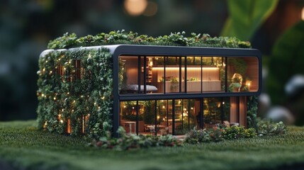 Poster - Meticulously Crafted Miniature Model of a Modern Eco-Friendly House with Green Roof Living Walls and Large Glass Showcasing a Cozy Interior