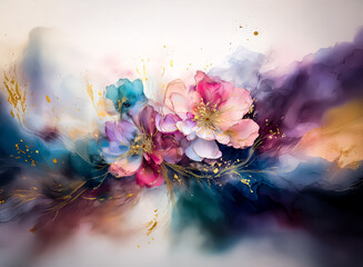 Fototapete - Here's the description and keywords:

An artistic rendering of flowers amidst a dreamy, cloud-like background. Hints of gold are sprinkled throughout, adding a touch of luxury. The flowers burst with 
