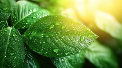 Poster - Close-up view of vibrant green leaves adorned with glistening water droplets and warmly illuminated by soft sunlight in a natural serene environment