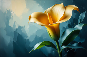 Aufkleber - A stunning, vibrant calla lily in full bloom, its yellow petals contrasting with the shadowy blue background. The green stem and leaves add to the visual beauty of this floral artwork. Hint: The backg