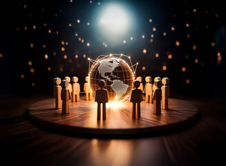 Poster - The image depicts a global network of figures standing around a glowing globe, a concept of teamwork and connections. The glowing lights symbolize communication and unity, as well as partnerships.