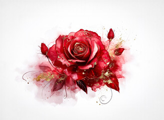 Aufkleber - A vibrant crimson rose, adorned with gold, blooms amidst a delicate watercolor wash, hints of beauty. The elegant floral arrangement has several buds surrounding the main flower, and a touch of elegan