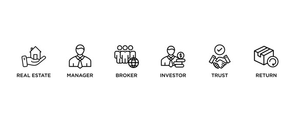Poster - REIT banner web icon vector illustration concept of real estate investment trust with icon of real estate, manager, broker, investor, trust and return