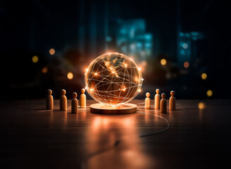 Poster - A glowing world, illuminated by a network of light, surrounded by small figures. The figures appear to be looking at the globe. It represents a global connection, a collective working together.