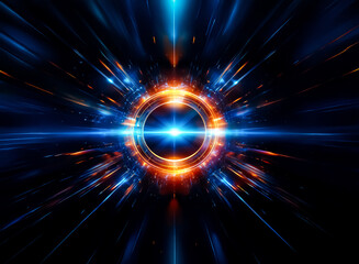 Fototapete - Image shows a burst of energy with a central ring emitting a glowing effect. Intense blue and orange color creates a dynamic and abstract composition. It feels futuristic and full of power, radiating 