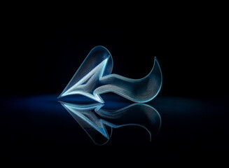 Leinwandbilder - A glowing, abstract form is centered against a black background with a reflective surface, producing a symmetry effect. The color palette utilizes shades of blue. Hints: Shape   reflection.