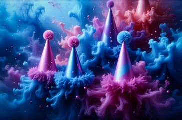 Poster - A whimsical scene of floating party hats amidst swirling colored smoke, showcasing a vibrant celebration. The caps are adorned with fluffy pom-poms and are floating in the air amidst a mystical, celeb