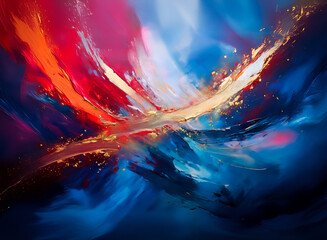 Poster - An abstract painting bursting with vibrant color, featuring dynamic brushstrokes. Hints of gold add a touch of shimmer against the blend of reds, blues and oranges, creating a sense of energy.