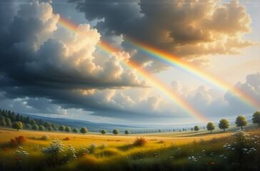 Poster - A vibrant landscape of rolling hills   fields under a dramatic, cloudy sky is illuminated by a full rainbow, representing joy, hope, and a sense of peace.