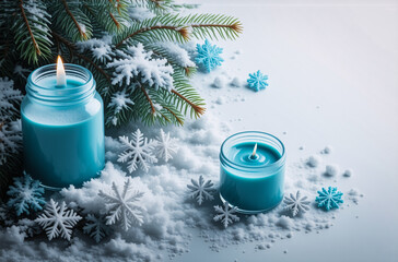 Poster - Winter scene showcasing candles, snowflakes, and pine branches on a snowy surface creating a festive, serene atmosphere. The blue candles give a cozy glow.