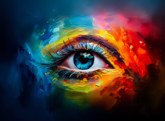 Aufkleber - A close-up abstract painting reveals a mesmerizing eye, with vibrant color strokes. Hints of blue, yellow, red and dark tones surround the eye, expressing deep emotions and unique style.