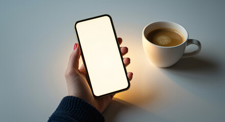 Poster - Smartphone in hand with blank screen next to cup of coffee on table. Mobile phone held by woman with coffee cup on white surface