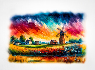 Poster - A vibrant watercolor depicts a rural landscape with a windmill, houses, and fields under a colorful sky during sunset. The scene is a calming depiction of nature, highlighting a peaceful rural setting