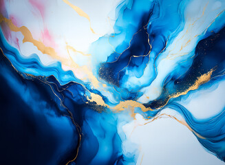 Poster - Hints: It's an abstract fluid art piece. The predominant color is blue, with gold accents and soft pink hues.

Abstract fluid art with flowing blue, gold accents, and hints of pink. The piece evokes a
