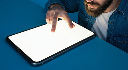 Poster - Tablet with touch screen operated by bearded man in denim shirt. Digital device on blue surface shows bright screen touched by two fingers