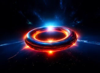 Poster - A glowing cosmic donut-shaped object radiating light in a dark space. Its fiery colors create a vibrant, energetic core and a celestial aura with streaks of light and an overall feeling of power.