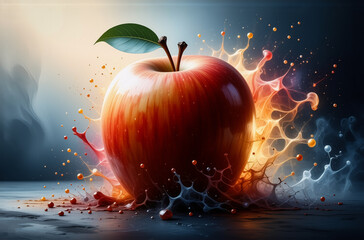 Poster - Image Description:
A vibrant apple bursts with color, vibrant energy, and a playful splash of light and color. The fruit seems to embody vitality and fresh deliciousness, as if from a fantastic realm.