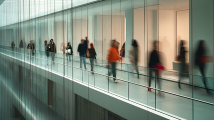 Blurred motion of people walking on a modern glass walkway inside a building, showcasing movement and contemporary architecture, representing urban life and flow