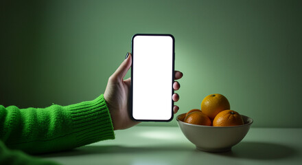 Poster - Smartphone in hand with white screen near oranges in bowl showcases modern lifestyle and technology integration