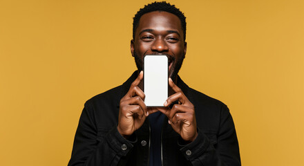 Poster - Smiling man holding smartphone with blank screen in front of face against yellow background. Happy African American man showing mobile phone with empty display