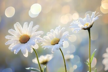 Poster - DewKissed White Daisy Blooms in Soft Light Floral CloseUp with Bokeh Highlights