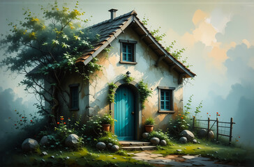 Poster - A serene painting showcases a small cottage enveloped by lush greenery. A vibrant blue door welcomes the viewer. Hints of a fence and sky add depth. The scene conveys tranquility. The colors are soft,