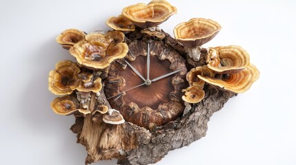 Poster - An artistic wooden clock ornamented with various types of mushrooms
