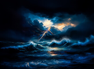 Poster - Dramatic, stormy ocean scene under a brooding sky. Lightning illuminates churning waves, creating a powerful and awe-inspiring display of nature's might. The colors are dark blues and vibrant yellows 