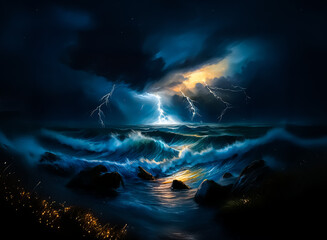 Poster - A painting captures a stormy sea with lightning illuminating raging waves. Dark clouds obscure the sky. The ocean's power is displayed. Hints of the night and light.
