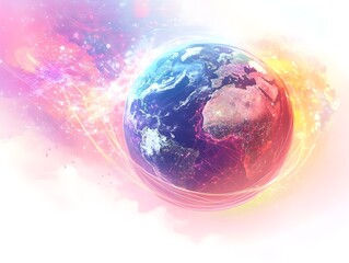 Poster - A colorful digital illustration of Earth from space, with glowing links connecting cities on its surface