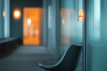 Poster - Black leather chair in modern office interior, against frosted glass wall, blurred background showing hallway and orange door, suggesting quiet workspace or waiting area