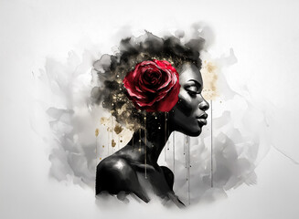 Poster - A portrait of a woman with a rose, a striking art piece with ink and gold accents, on a white background. It highlights the natural beauty of the human form.