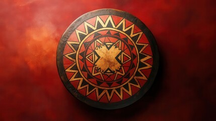 Poster - A circular shield with intricate designs in red and gold