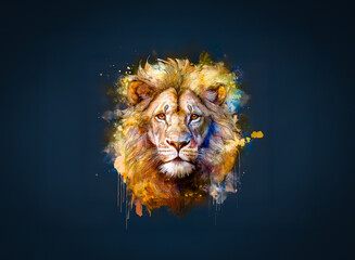 Aufkleber - Majestic watercolor portrait of a lion's head on a dark blue background. Vivid colors and expressive brushstrokes hint at the animal's noble power, hinted at by a focus on the details.