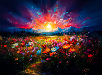 Aufkleber - A vibrant landscape paints a vivid sunrise, with wildflowers blooming abundantly.  Mountains rise as the sun's radiant beams color the sky. Hints of life and beauty spread across the field.