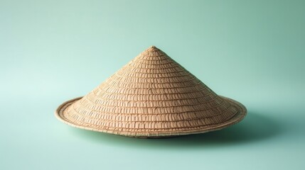 Poster - A conical woven hat rests upon a light turquoise background